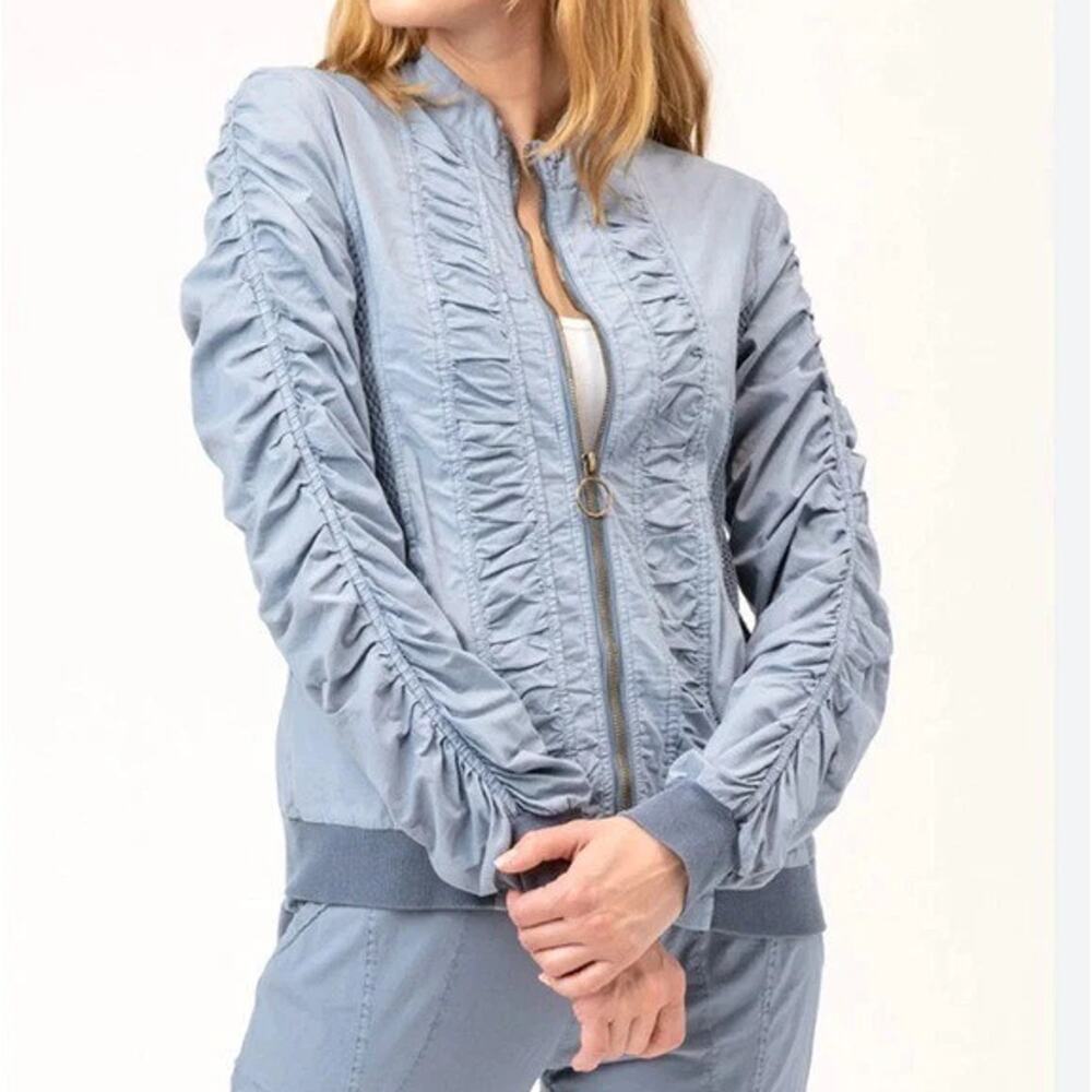 XCVI Powder Blue Ruched Sleeve Bomber Jacket